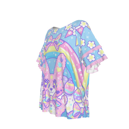 Magical Rainbow Easter Bunny Round Neck Raglan Sleeve Ruffle Frill T-Shirt