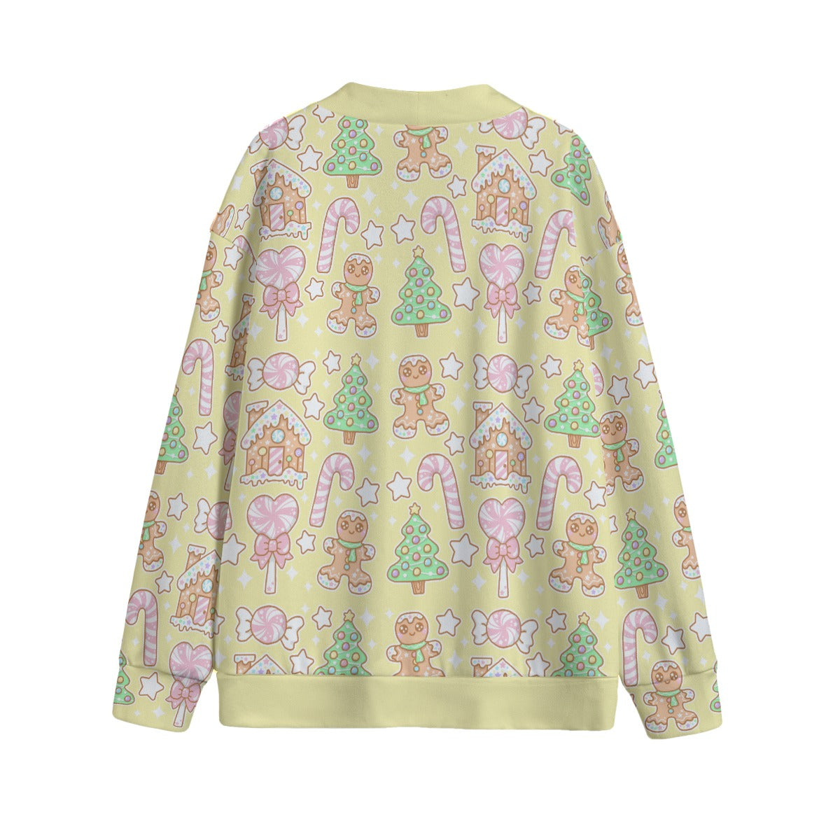 Kawaii Christmas Unisex V-Neck Knitted Fleece Button Up Cardigan With Pockets (Vanilla Cream)