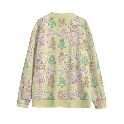 Kawaii Christmas Unisex V-Neck Knitted Fleece Button Up Cardigan With Pockets (Vanilla Cream)