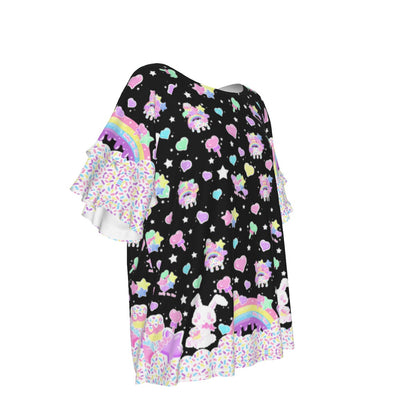 Rainbow Sweets Round Neck Raglan Sleeve Ruffle Frill T-Shirt (Black)