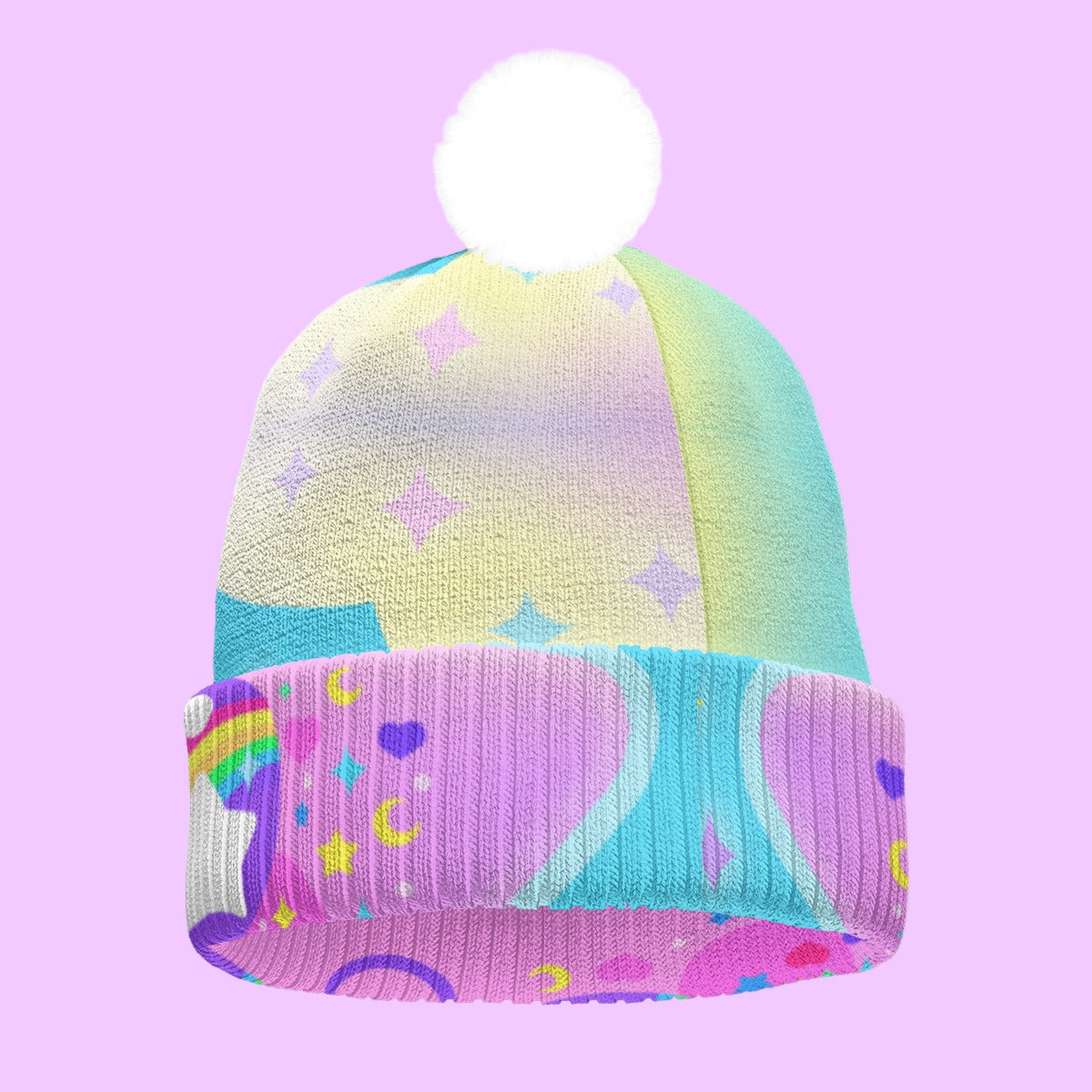 Rainbow Decora Star Knitted Beanie Hat With Pom-Pom