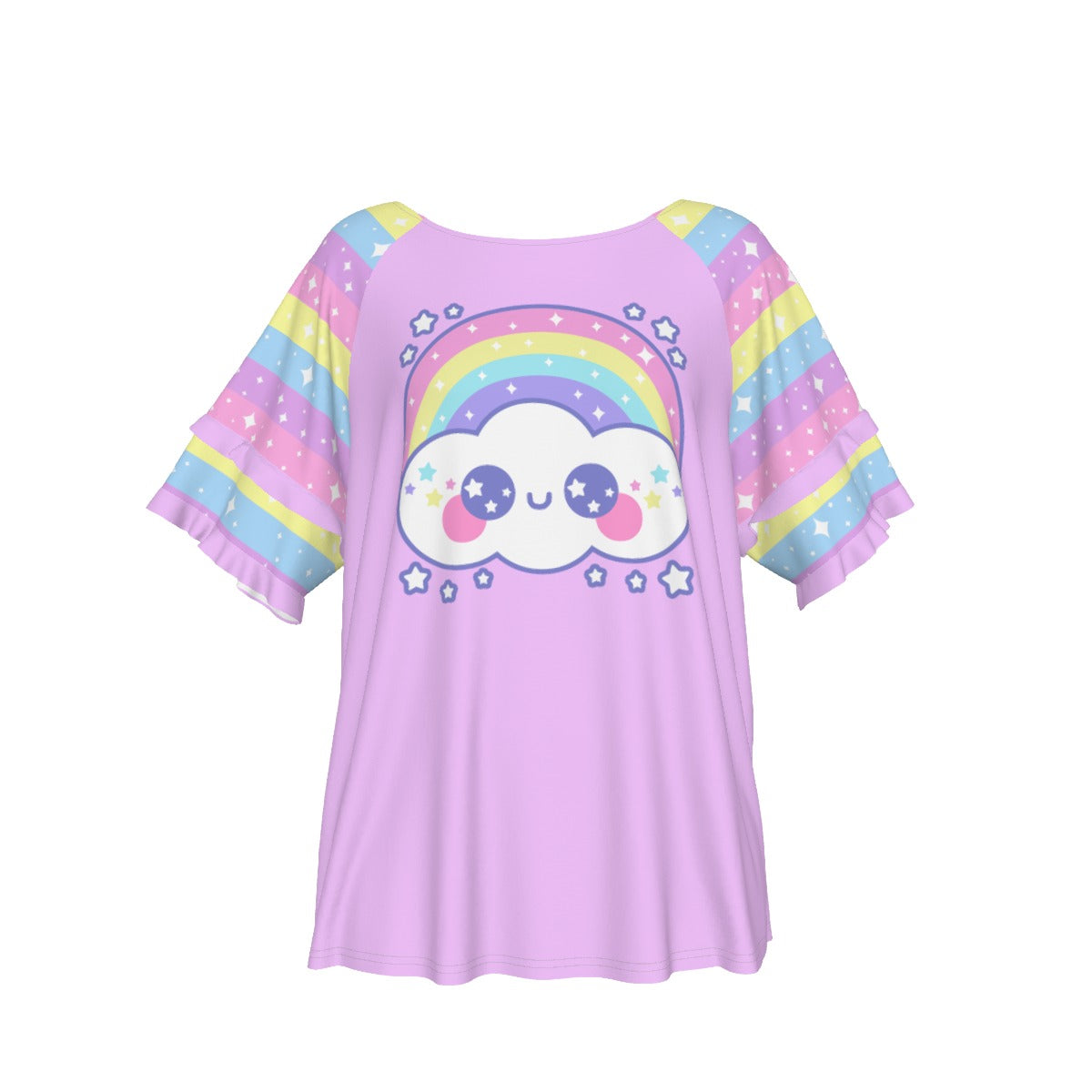 Happy Rainbow Cloud Purple Round Neck Raglan Sleeve Ruffle Frill T-Shirt