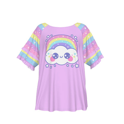 Happy Rainbow Cloud Purple Round Neck Raglan Sleeve Ruffle Frill T-Shirt