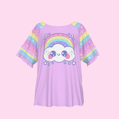Happy Rainbow Cloud Purple Round Neck Raglan Sleeve Ruffle Frill T-Shirt