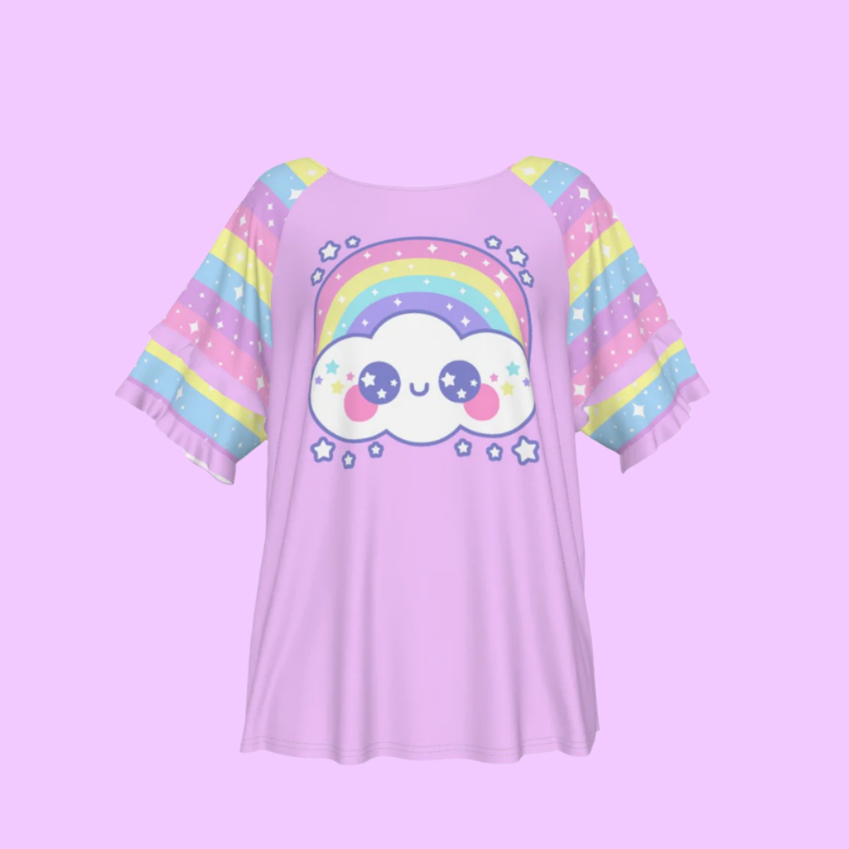 Happy Rainbow Cloud Purple Round Neck Raglan Sleeve Ruffle Frill T-Shirt