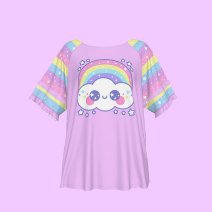 Happy Rainbow Cloud Purple Round Neck Raglan Sleeve Ruffle Frill T-Shirt