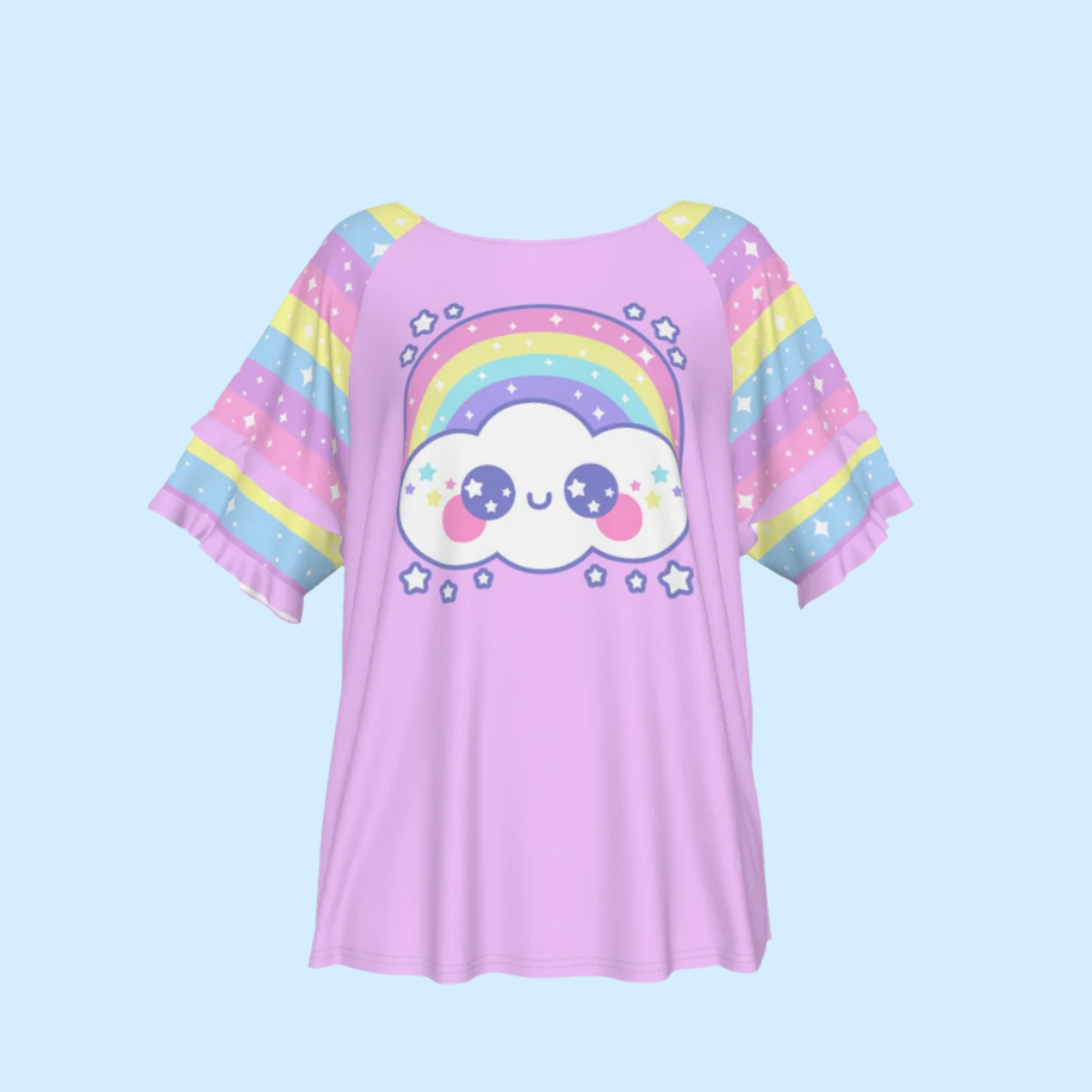 Happy Rainbow Cloud Purple Round Neck Raglan Sleeve Ruffle Frill T-Shirt