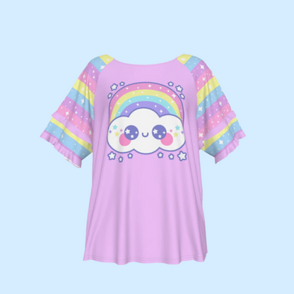 Happy Rainbow Cloud Purple Round Neck Raglan Sleeve Ruffle Frill T-Shirt