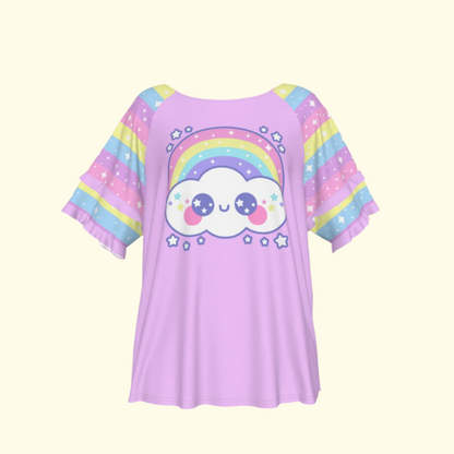Happy Rainbow Cloud Purple Round Neck Raglan Sleeve Ruffle Frill T-Shirt