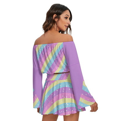 Starry Party Rainbow Women's Off The Shoulder Crop Top Blouse And Mini Skirt Set (Purple)