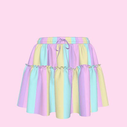 Pastel Stripes Waist Tie Ruffle Mini Skirt (Color Block)