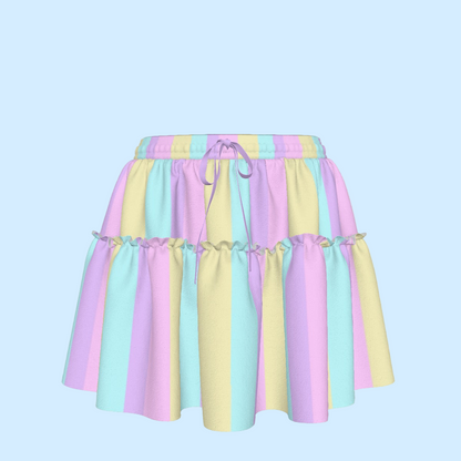 Pastel Stripes Waist Tie Ruffle Mini Skirt (Color Block)