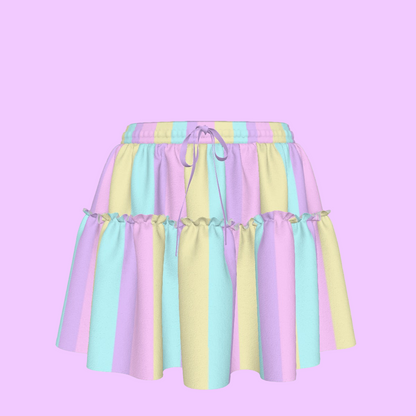 Pastel Stripes Waist Tie Ruffle Mini Skirt (Color Block)