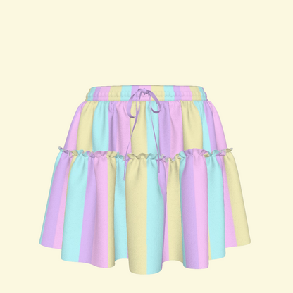 Pastel Stripes Waist Tie Ruffle Mini Skirt (Color Block)