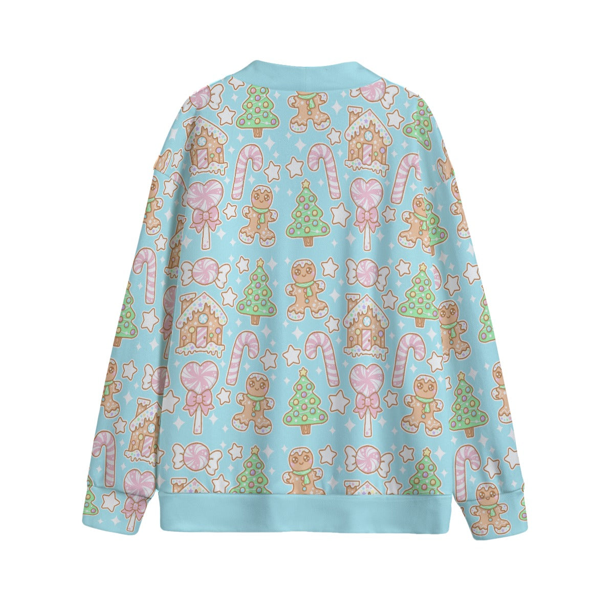 Kawaii Christmas Unisex V-Neck Knitted Fleece Button Up Cardigan With Pockets (Blue Cotton Candy)