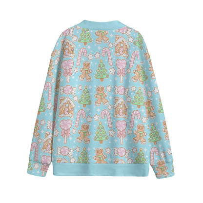 Kawaii Christmas Unisex V-Neck Knitted Fleece Button Up Cardigan With Pockets (Blue Cotton Candy)