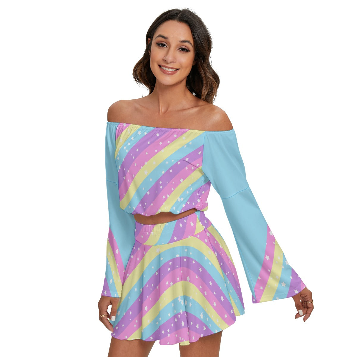 Starry Party Rainbow Women's Off The Shoulder Crop Top Blouse And Mini Skirt Set (Blue)