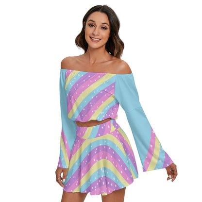 Starry Party Rainbow Women's Off The Shoulder Crop Top Blouse And Mini Skirt Set (Blue)