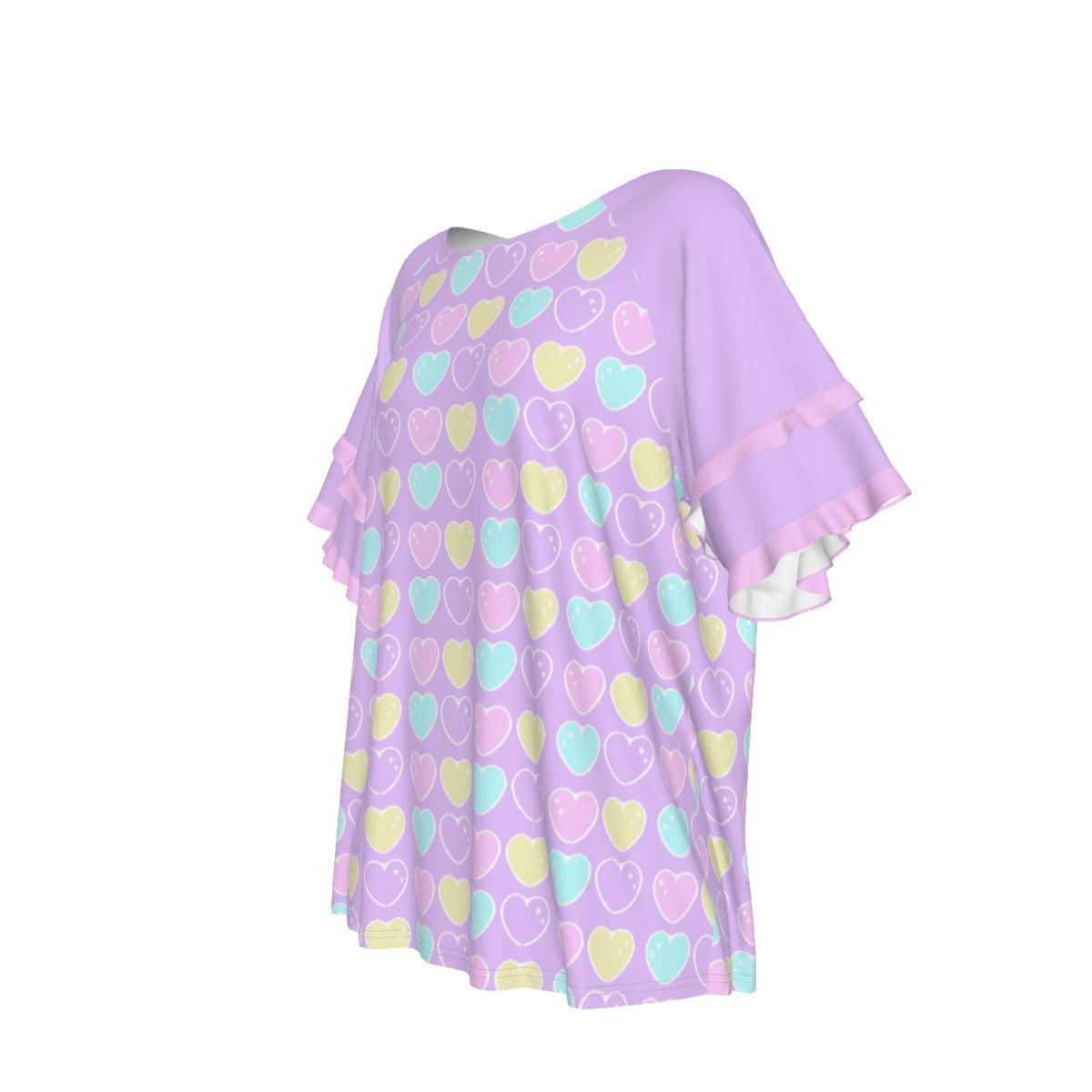 Sweet Love Hearts Purple Round Neck Raglan Sleeve Ruffle Frill T-Shirt