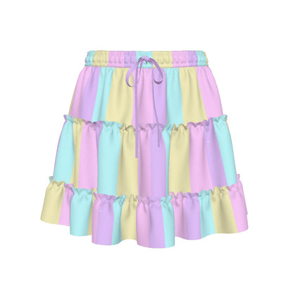 Pastel Stripes Waist Tie Tiered Ruffle Mini Skirt (Color Block)