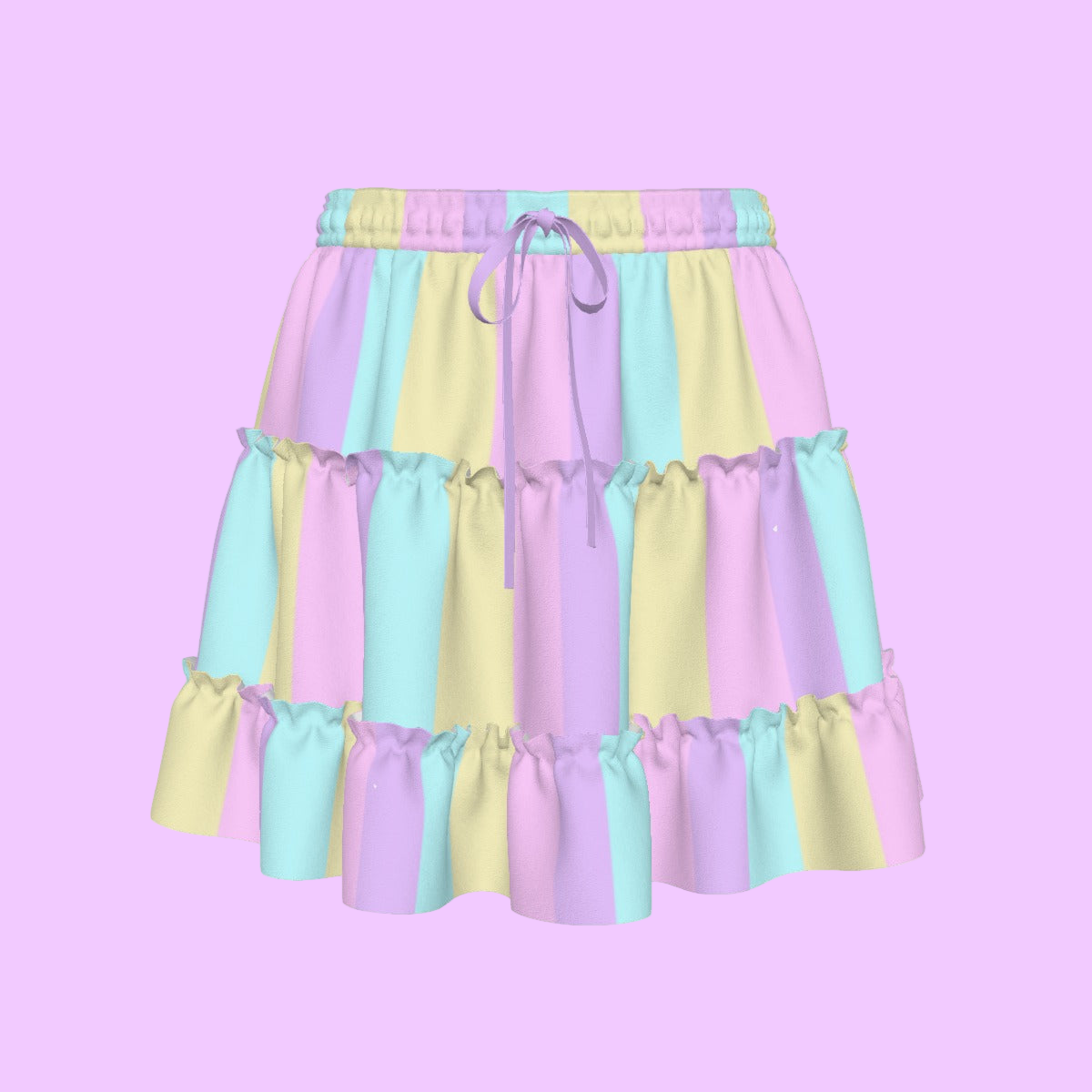 Pastel Stripes Waist Tie Tiered Ruffle Mini Skirt (Color Block)