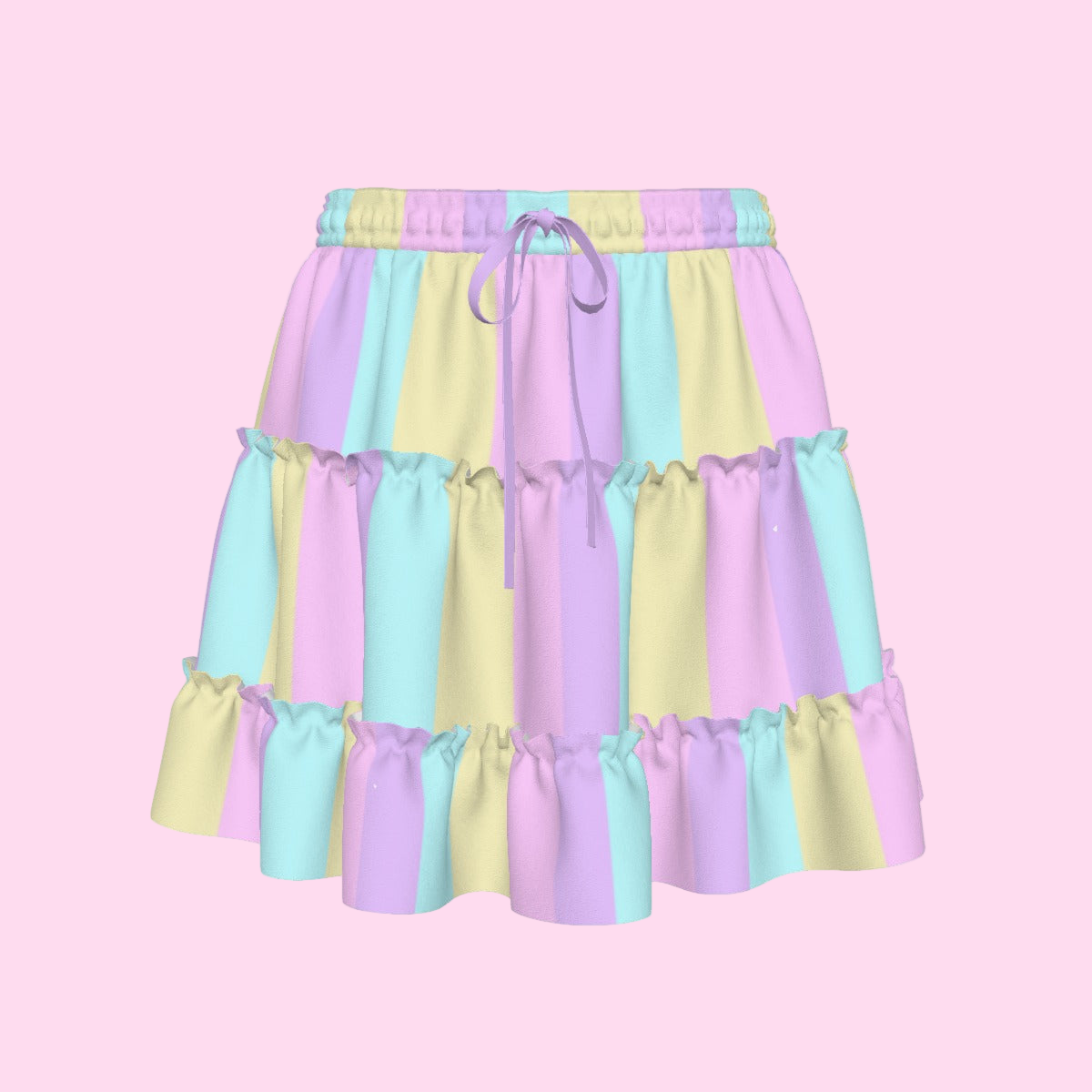Pastel Stripes Waist Tie Tiered Ruffle Mini Skirt (Color Block)