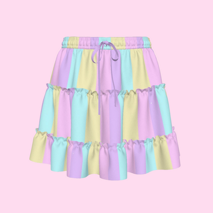 Pastel Stripes Waist Tie Tiered Ruffle Mini Skirt (Color Block)