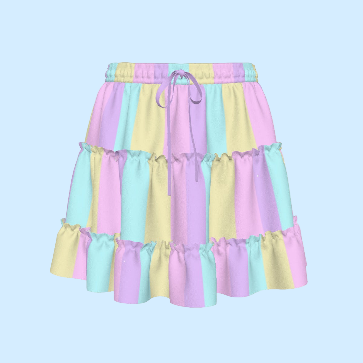 Pastel Stripes Waist Tie Tiered Ruffle Mini Skirt (Color Block)