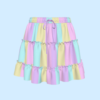 Pastel Stripes Waist Tie Tiered Ruffle Mini Skirt (Color Block)