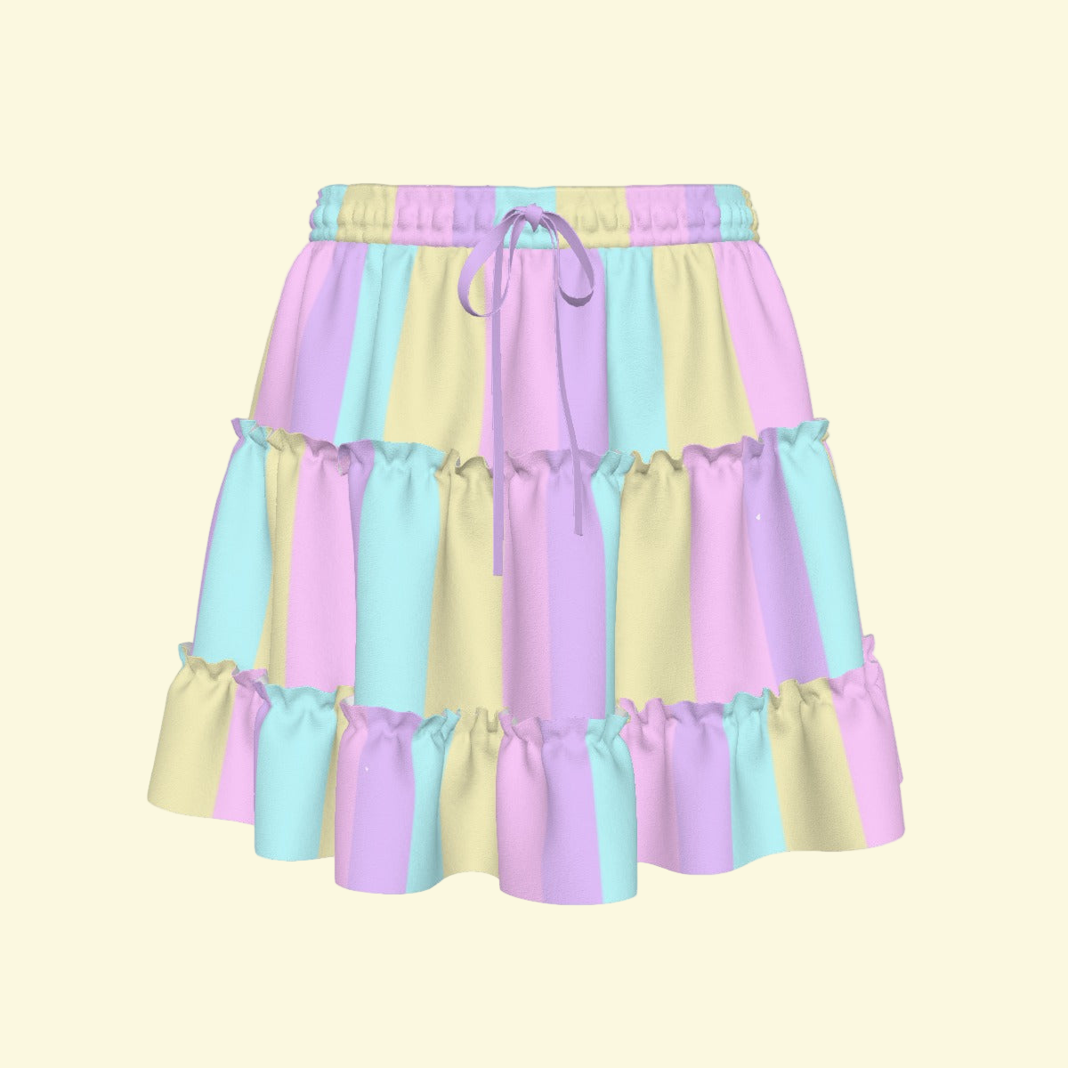 Pastel Stripes Waist Tie Tiered Ruffle Mini Skirt (Color Block)
