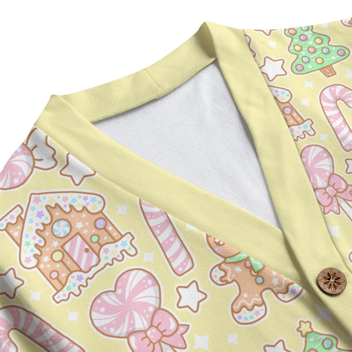 Kawaii Christmas Unisex V-Neck Knitted Fleece Button Up Cardigan With Pockets (Vanilla Cream)