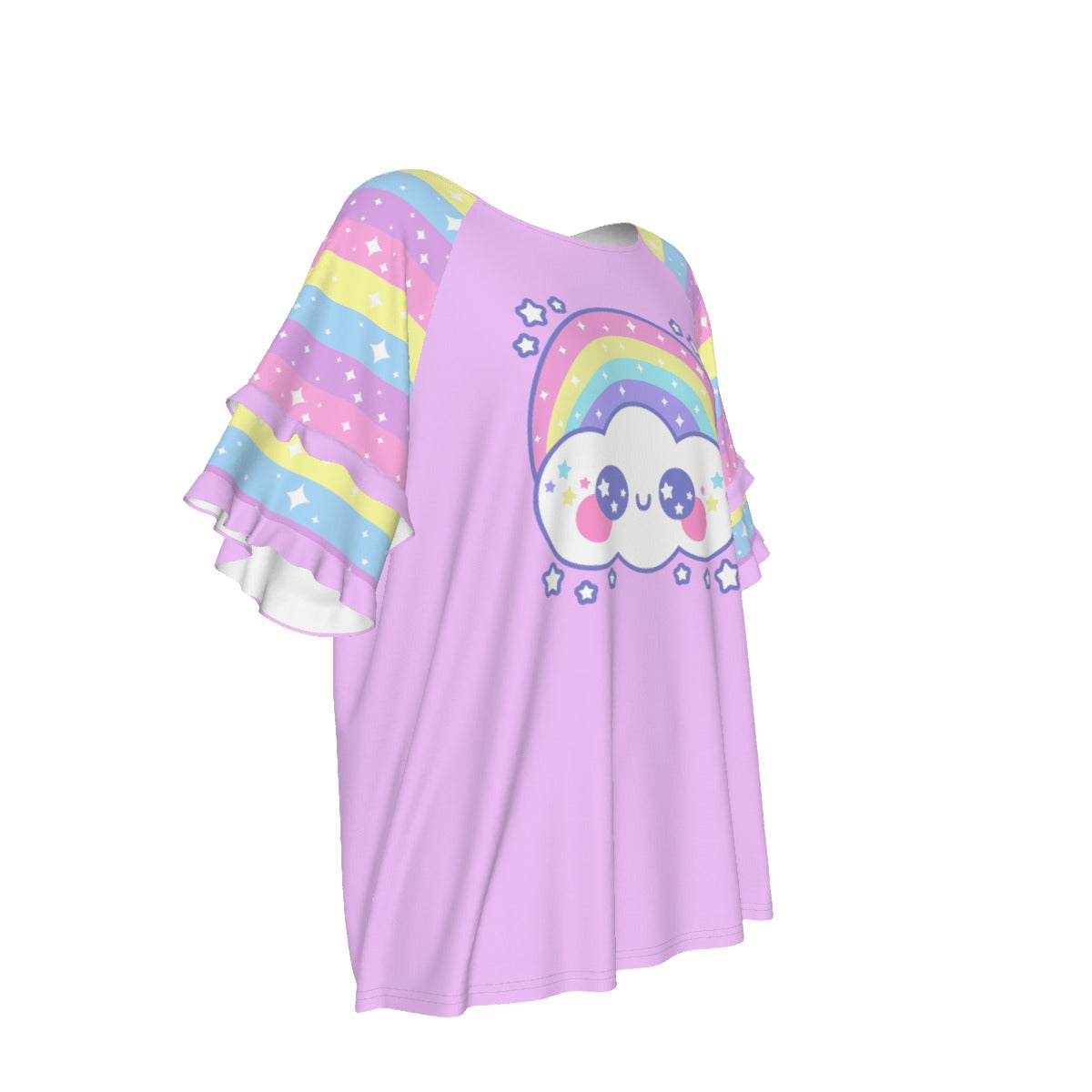 Happy Rainbow Cloud Purple Round Neck Raglan Sleeve Ruffle Frill T-Shirt