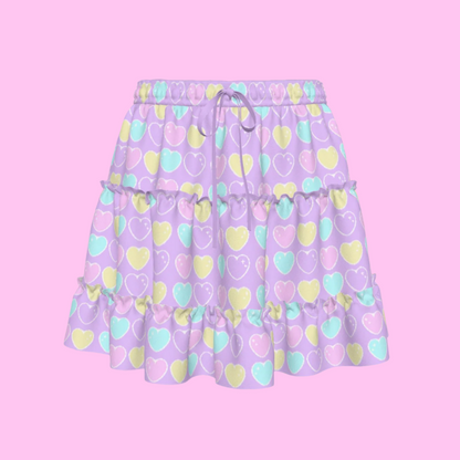 Sweet Love Hearts Purple Waist Tie Tiered Ruffle Mini Skirt