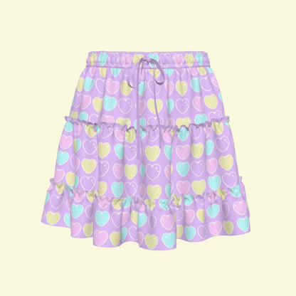 Sweet Love Hearts Purple Waist Tie Tiered Ruffle Mini Skirt
