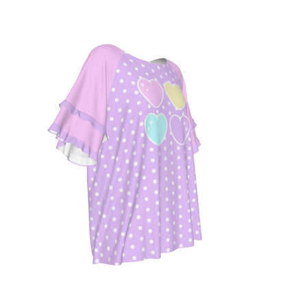 Sweet Love Hearts Purple Round Neck Raglan Sleeve Ruffle Frill T-Shirt (Polka Dots)