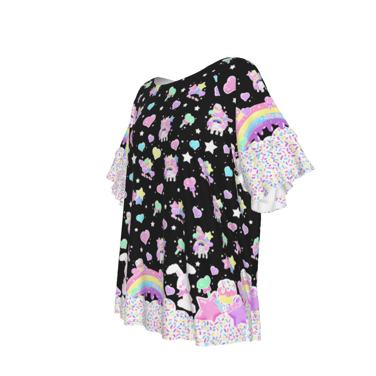 Rainbow Sweets Round Neck Raglan Sleeve Ruffle Frill T-Shirt (Black)