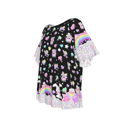 Rainbow Sweets Round Neck Raglan Sleeve Ruffle Frill T-Shirt (Black)