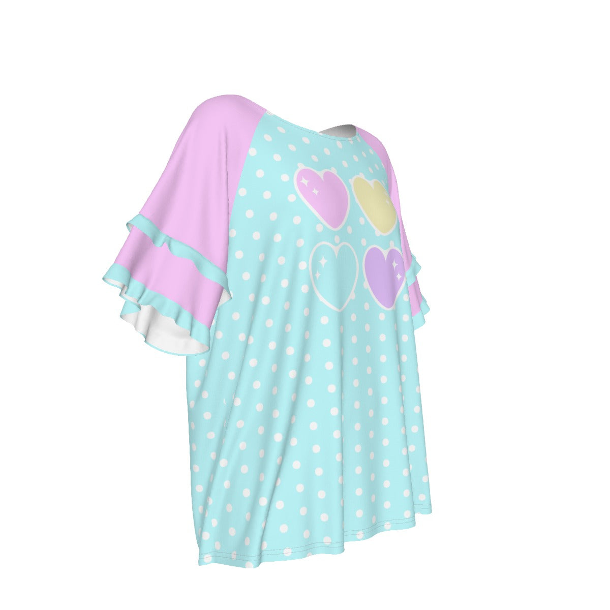 Sweet Love Hearts Blue Round Neck Raglan Sleeve Ruffle Frill T-Shirt (Polka Dots)