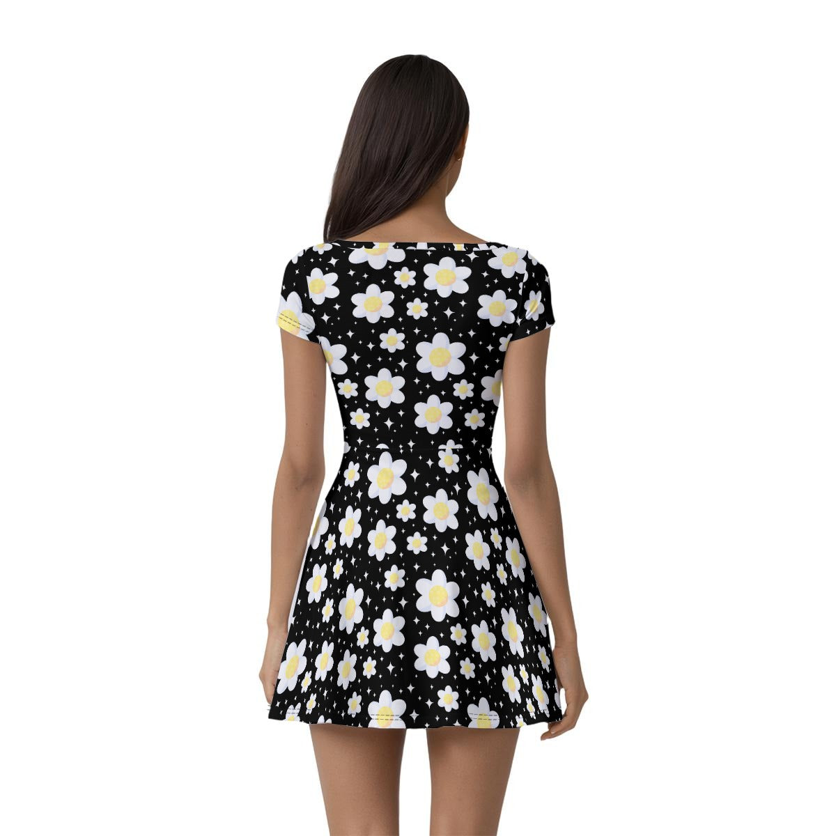 Daisy Dreams Sporty Women’s Square Neck Cap Sleeve Athletic Exercise Mini Dress With Shorts (Midnight Black)