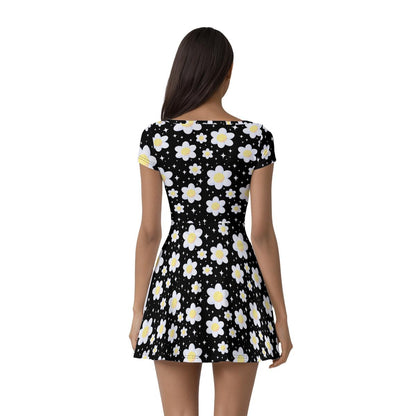Daisy Dreams Sporty Women’s Square Neck Cap Sleeve Athletic Exercise Mini Dress With Shorts (Midnight Black)