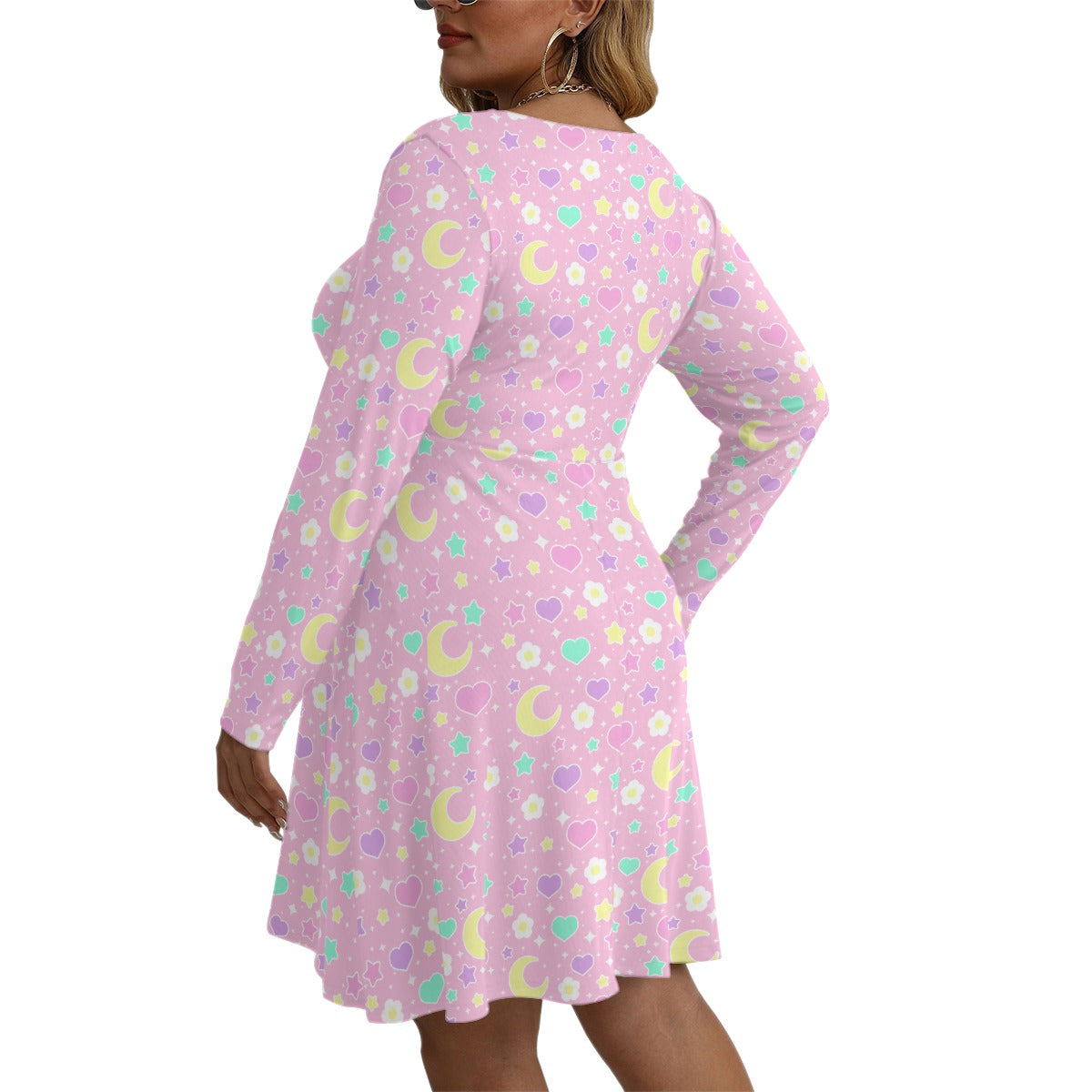 Magical Spring Pink Women's V-Neck Long Sleeve Dress (Plus Size)