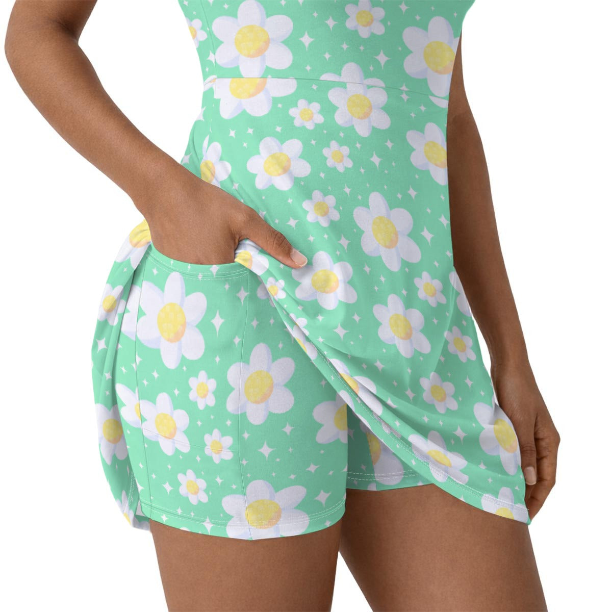 Daisy Dreams Sporty Women’s Square Neck Cap Sleeve Athletic Exercise Mini Dress With Shorts (Mint Green)