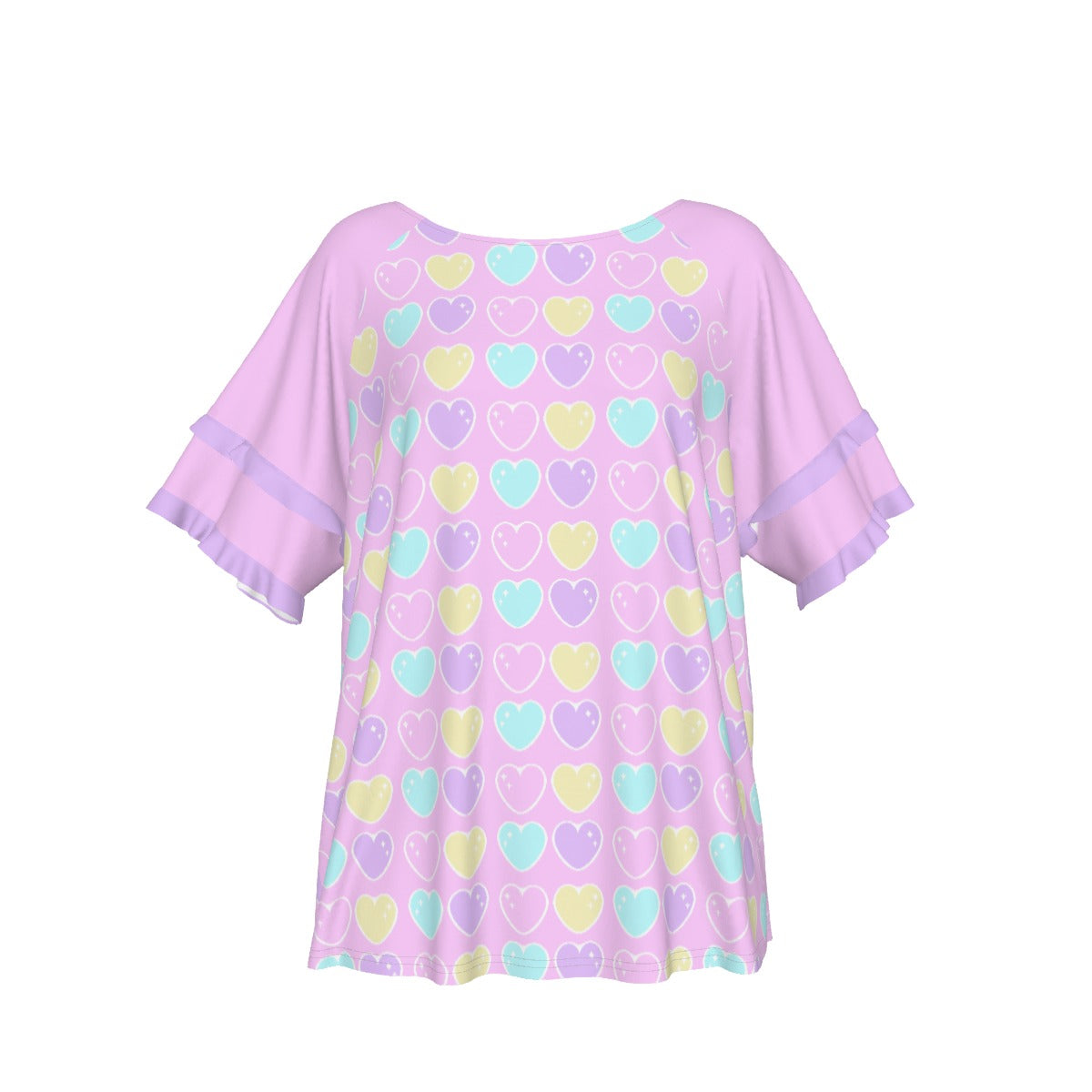 Sweet Love Hearts Pink Round Neck Raglan Sleeve Ruffle Frill T-Shirt