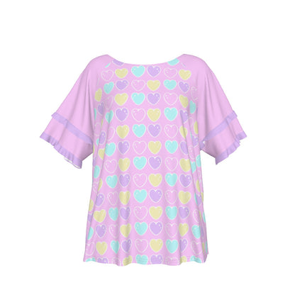 Sweet Love Hearts Pink Round Neck Raglan Sleeve Ruffle Frill T-Shirt