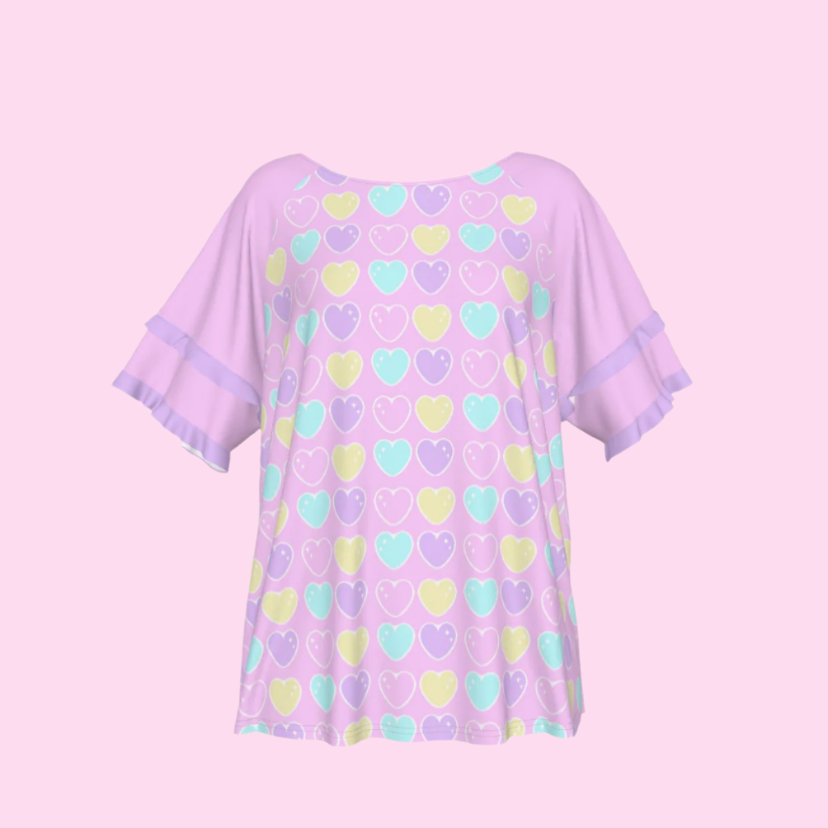 Sweet Love Hearts Pink Round Neck Raglan Sleeve Ruffle Frill T-Shirt