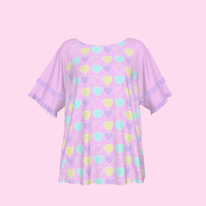 Sweet Love Hearts Pink Round Neck Raglan Sleeve Ruffle Frill T-Shirt