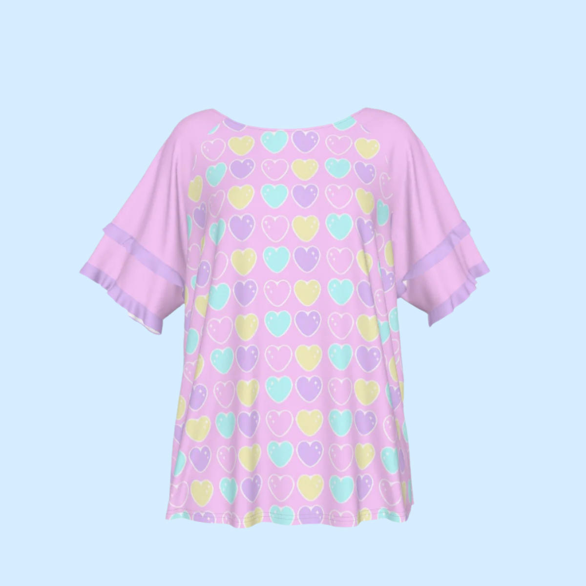 Sweet Love Hearts Pink Round Neck Raglan Sleeve Ruffle Frill T-Shirt