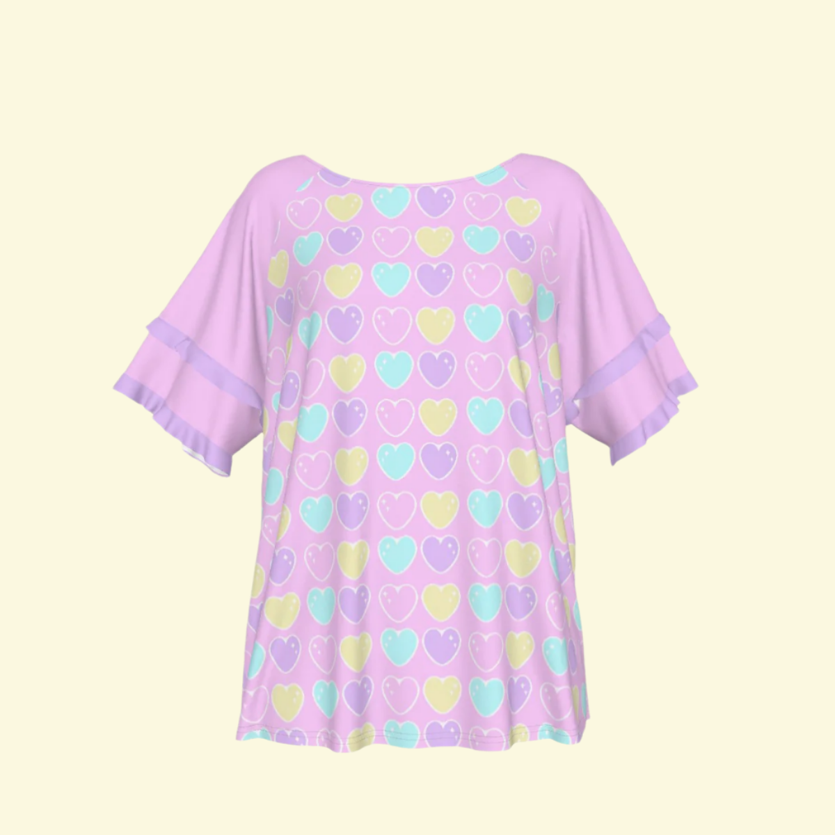 Sweet Love Hearts Pink Round Neck Raglan Sleeve Ruffle Frill T-Shirt