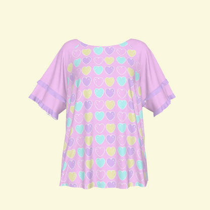 Sweet Love Hearts Pink Round Neck Raglan Sleeve Ruffle Frill T-Shirt