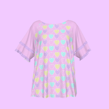 Sweet Love Hearts Pink Round Neck Raglan Sleeve Ruffle Frill T-Shirt